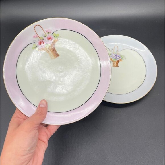 Antique Luncheon Plates Hand Painted Pink Cabbage Rose Purple Plate Wall Bavaria - Picture 9 of 10